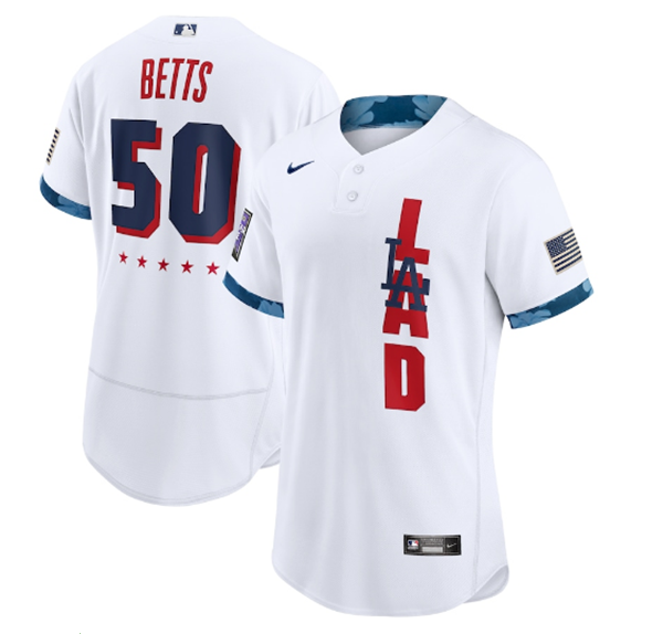 Men's White Los Angeles Dodgers #50 Mookie Betts 2021 All-Star Flex Base Stitched MLB Jersey